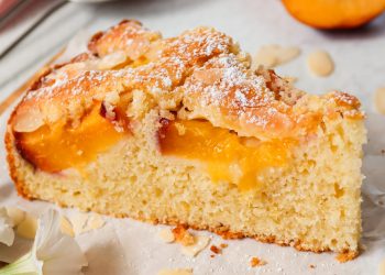 Nektarinen-Mandelkuchen – saftiger Anschnitt Stück saftiger Nektarinen-Mandelkuchen auf einem Teller