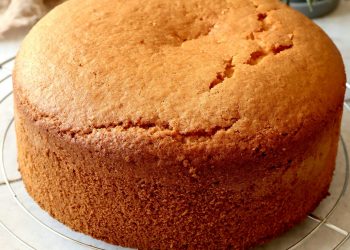 Kokos-Biskuitboden locker gebacken auf einem Kuchengitter